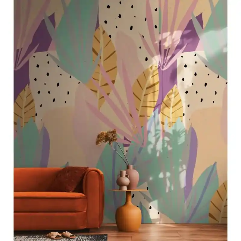 Billig Tropische Boho livingwalls Vliestapete - Wandbild 280x159 cm - Dezente Naturfarben mit exotischem Blättermuster (KG-175206)