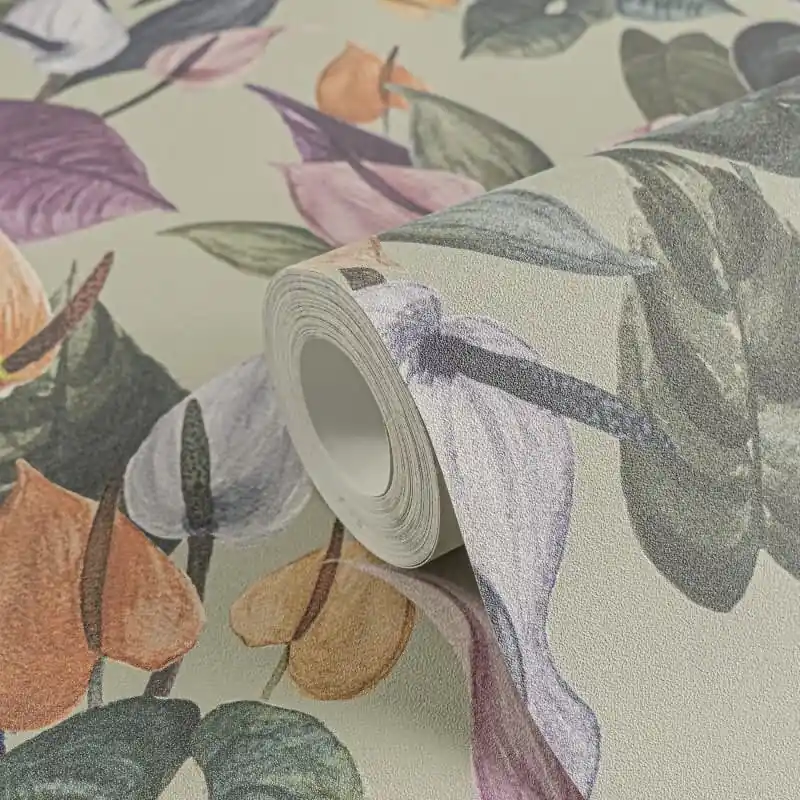 Botanische livingwalls Vliestapete mit Calla-Blüten - Tropischer Blumenprint auf olivgrünem Hintergrund (KG-175210) Rabatt