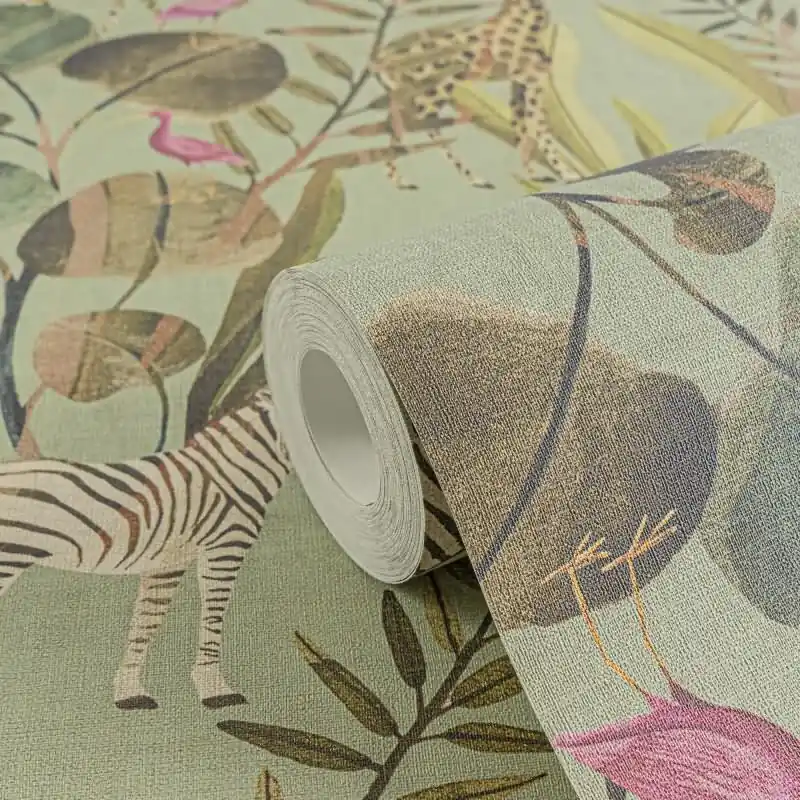 Tropische Tierwelt - Tapete mit Zebras, Giraffen & exotischen Vögeln auf grünem Hintergrund livingwalls (KG-175224) Top-Seller