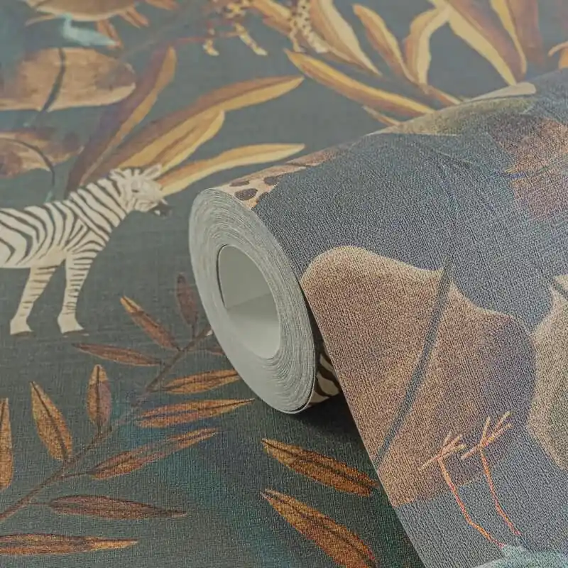 Dunkle Safari-Tapete mit Zebras, Giraffen & exotischen Vögeln auf grünbraunem Hintergrund livingwalls (KG-175225) Online Kaufen