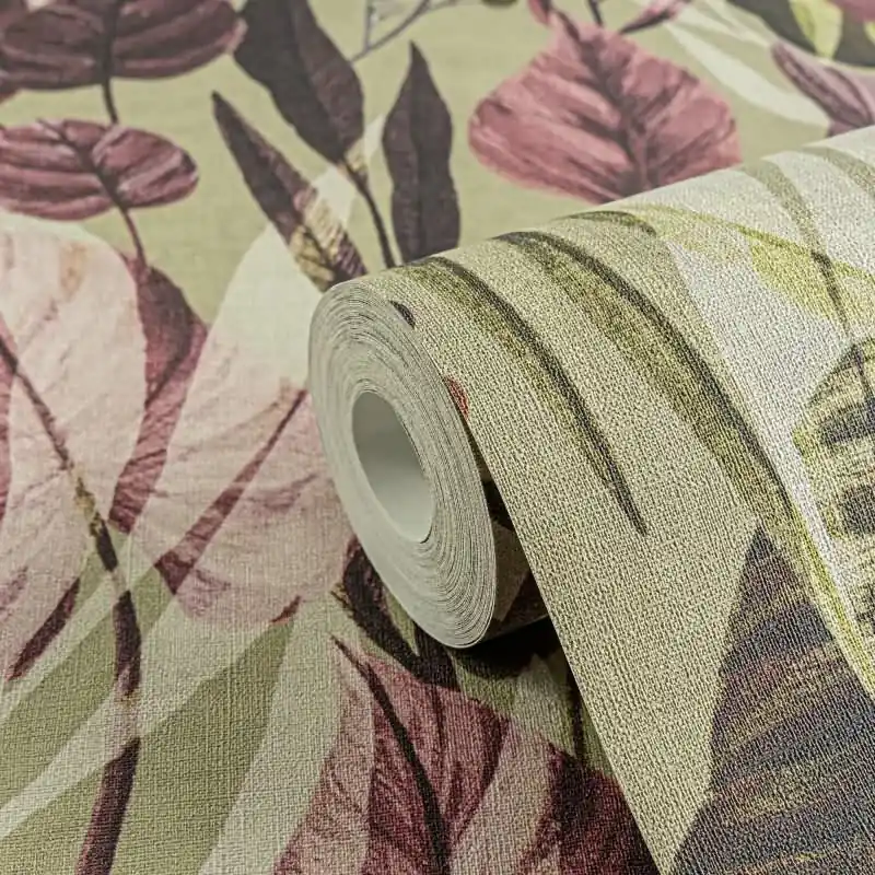Tropische Tapete mit großem Blattmuster in Rosa- und Rottönen auf Beige livingwalls (KG-175227) Angebot