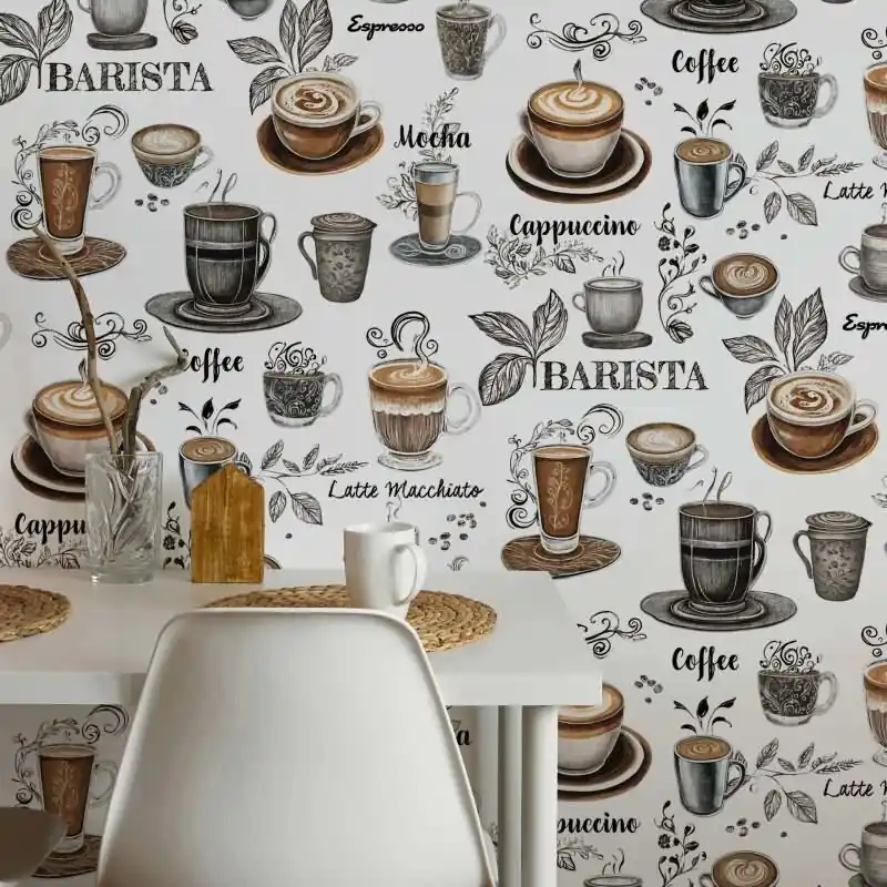 Vliestapete Kaffe, Küchenmotiv Grafisch Modern matt in Weiß Novamur (KG-175313) Neue Kollektion