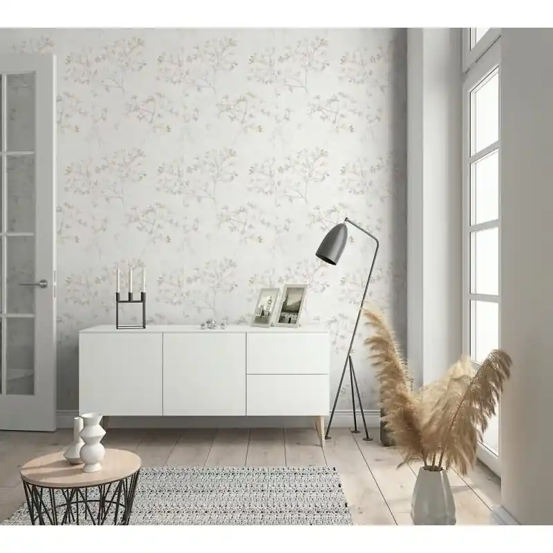 Heißes Angebot Vliestapete Blätter Floral Natur matt in Weiß für Wohnzimmer, Schlafzimmer, Küche (KG-175476)