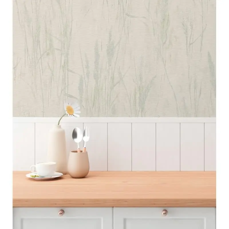 Gräser-Tapete Creme Blau Grün - Vliestapete Naturmotiv in Leinenstruktur (KG-175809) Rabatt