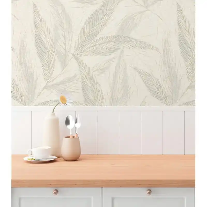 Palmblatt-Tapete Creme Blau - Vliestapete mit Blattmuster in Leinenstruktur (KG-175817) Markenware