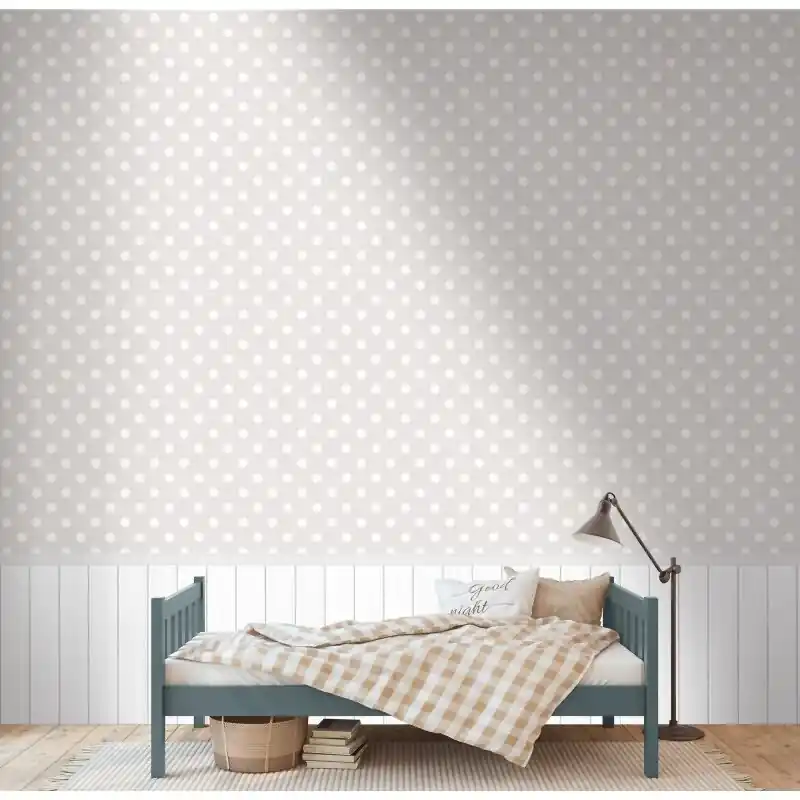Fototapete Taupe mit weißen Punkten & Holzpaneel - Vliestapete erweiterbar modern (KG-175874) Super-Preis