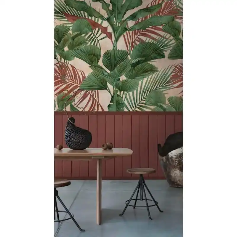 Fototapete Dschungelblätter mit Bordüre Grün Rot - Vliestapete erweiterbar exotisch (KG-175876) Angebot