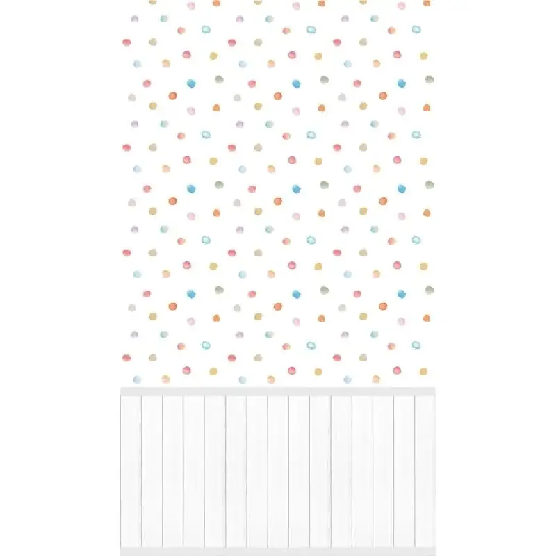 Fototapete Bunte Punkte auf Weiß mit Holzpaneel - Vliestapete verspielt erweiterbar (KG-175881) Must-Have