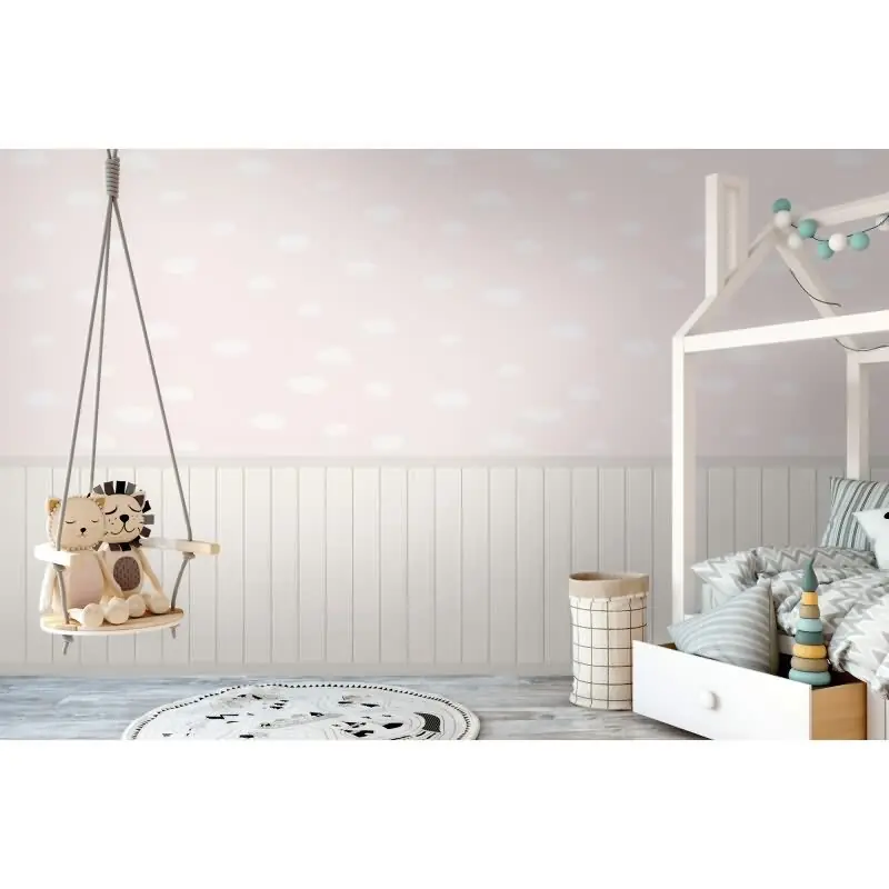 Zertifiziert Fototapete Rosa Wolken mit Holzpaneel Weiß - Vliestapete Kinderzimmer erweiterbar (KG-175885)