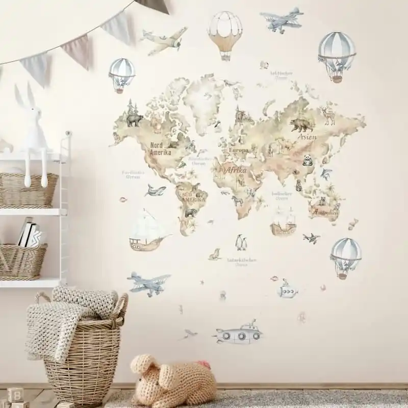 Fototapete Weltkarte Grafisch Kinder, Vliestapete Klassisch matt in Beige für Wohnzimmer, Schlafzimmer, Büro (KG-176003) Sichere Zahlung