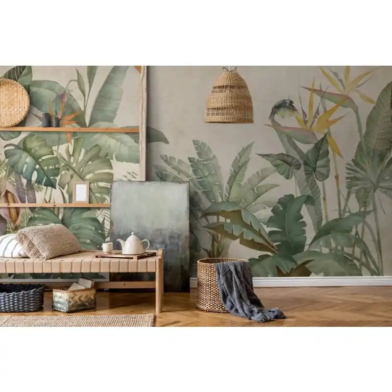 Direktkauf Premium Vliestapete Blätter & Zweige Beige mit Grün - WALL LOVE (KG-177027)
