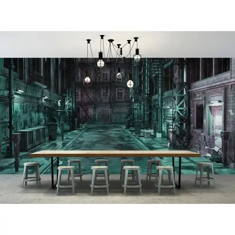 Abverkauf Bronx Designtapete - Türkis & Lila, Flieder, Schwarziger industrial & loft-Muster fuer moderne Raeume von AS-Creation (KG-177307)