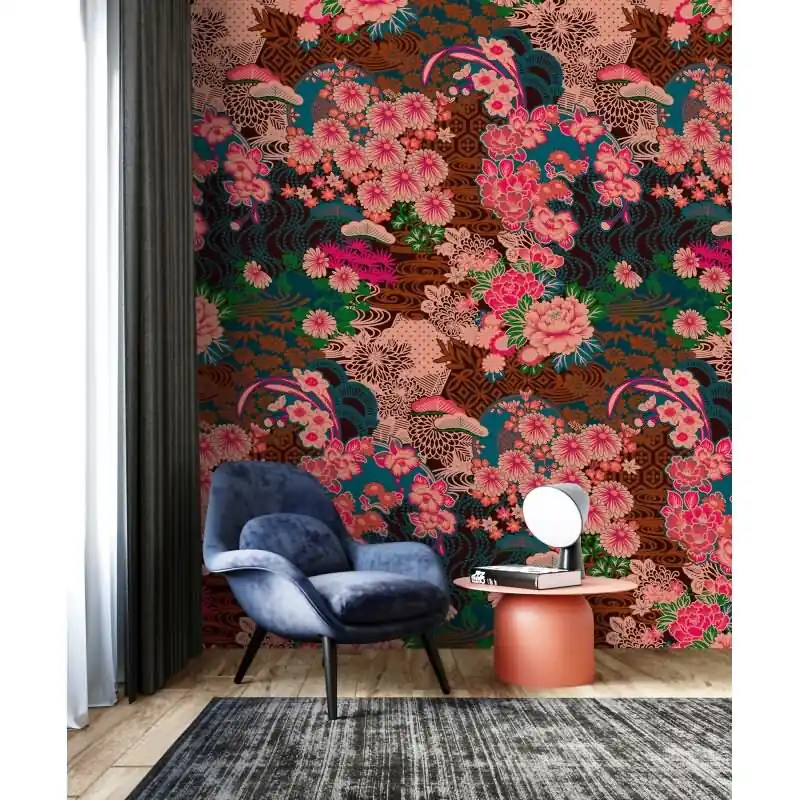 Billig Kimo 1 - Bunt & Pink, Blauiger Digitaldruck-Vliestapete aus der Walls by Patel 4 Kollektion (KG-177323)