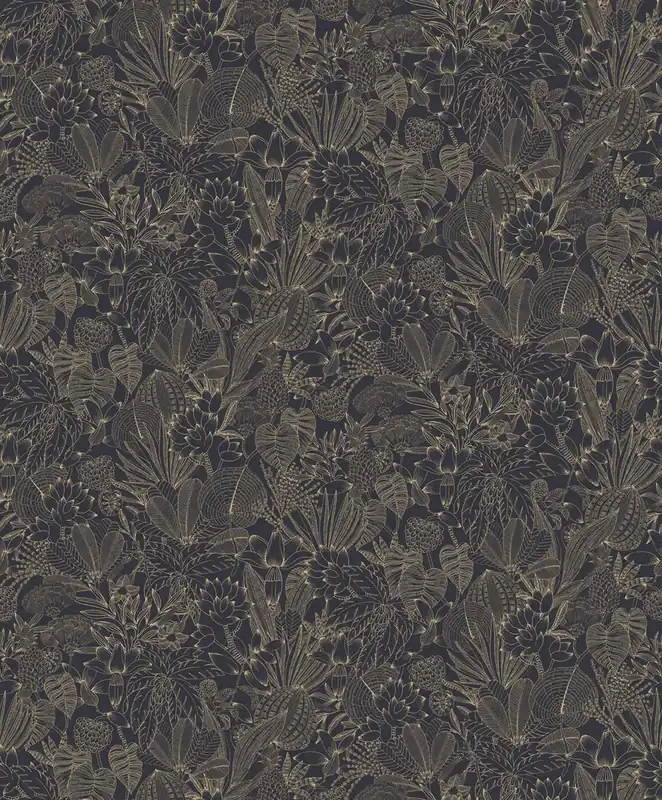 Schneller Versand Vliestapete, schwarz-gold, Blätter, ROM103, Romance, Masureel