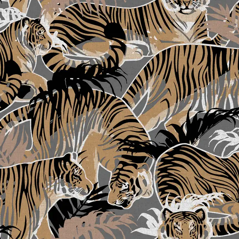 Solange Der Vorrat Reicht Vliestapete, grau-braun, Tiger, Blätter, M69508, Nomade, Ugépa