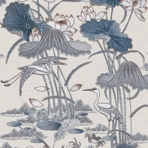Luxuriöse graublaue Tapete mit Seerosen und Vögeln, TP422702, Tapestry, Design ID Begrenztes Angebot