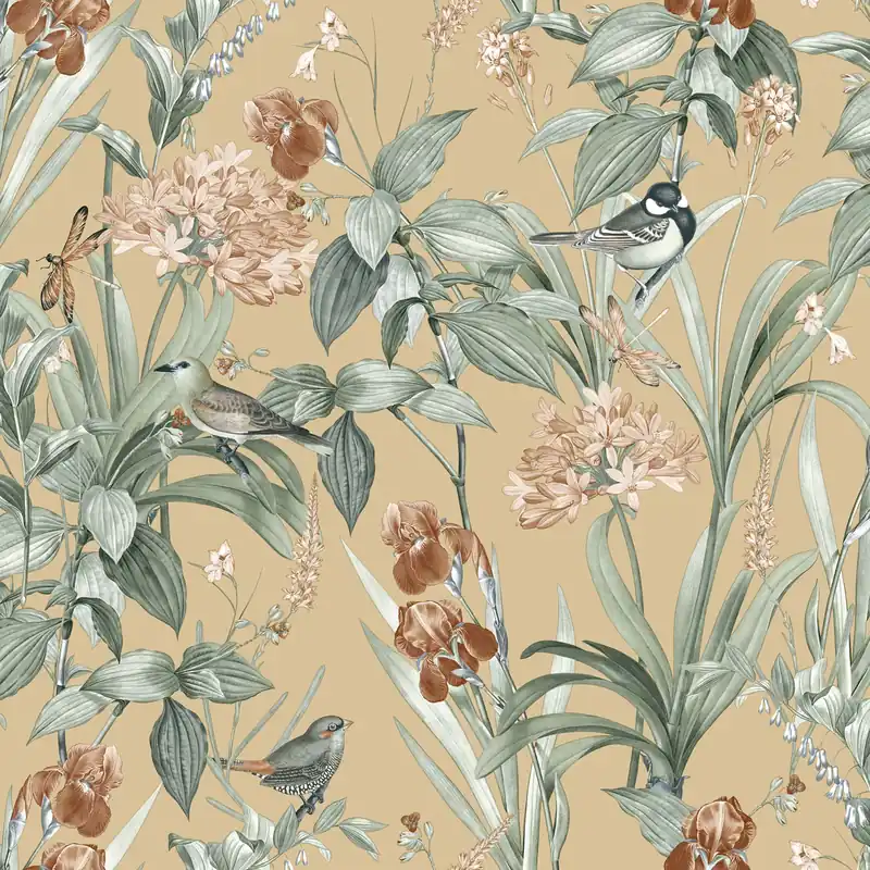 Expressversand Beige Tapete mit Blumen und Vögeln, M64792D, Botanique, Ugepa