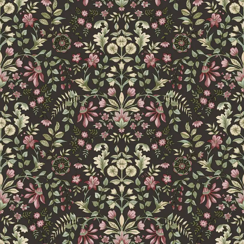 Echt Schwarze Tapete mit floralem Ornamentmuster, 12329, Fiori Country, Parato