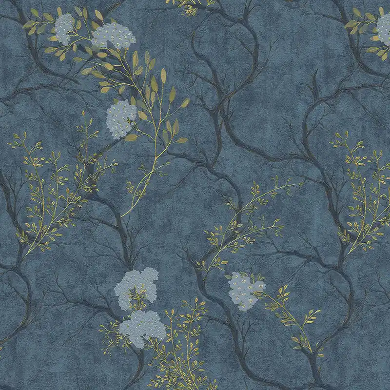 Blaue Luxustapete mit Zweigen und Blüten 72959, Zen, Emiliana Parati Sonderaktion