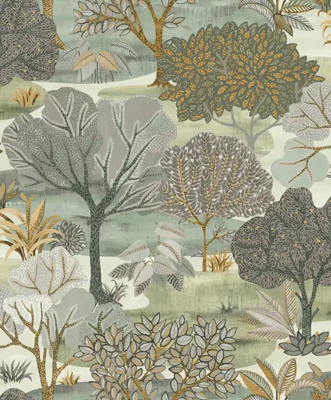 Neue Ware Grünbraune Tapete, Bäume, AL26253, Allure, Decoprint