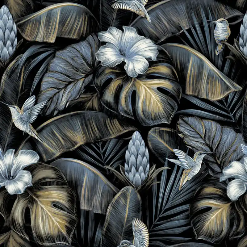 Vliestapete, blau, Blumen, Blätter, Kolibris, NHW1003, Perla, Decoprint Nur Für Kurze Zeit