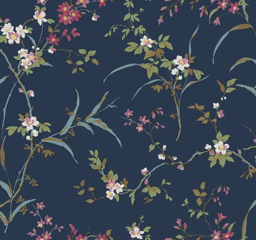 Blaue Vliestapete, blühende Zweige, BL1745, Blooms Second Edition Resource Library, York Geprüft