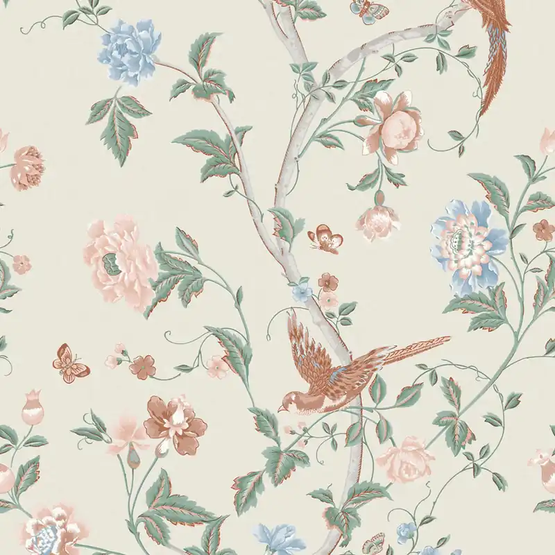Cremefarbene Vliestapete mit Blumen, Schmetterlingen und Vögeln, 120133, Laura Ashley 3 Must-Have