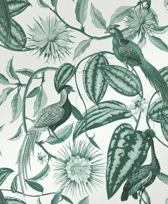 Graugrüne Vliestapete mit Blumen und Vögeln, 120650, Retreat, Graham&Brown Premium Markenware