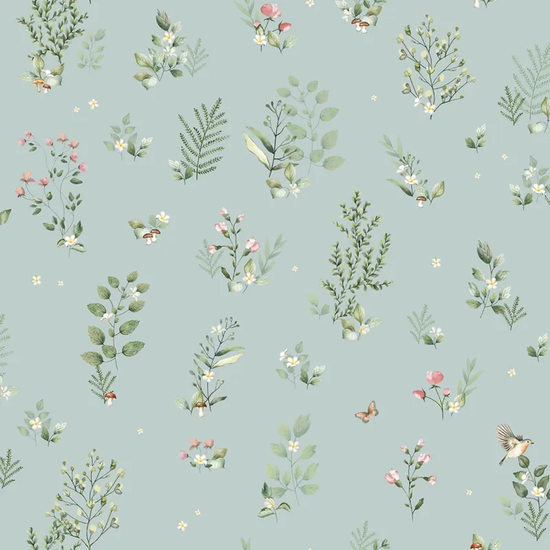 Neu Türkise Vliestapete mit Pflanzen und Vögeln, 973-2, Mika, ICH Wallcoverings