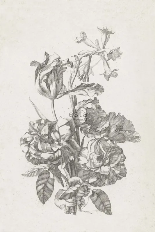 Aktuell Fototapete, Gravur eines Blumenstraußes, Tapete Wandbilder 158887, 186 x 279 cm, Blush, Esta Home