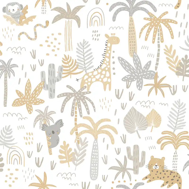 Papier, Kindertapete mit Tieren, Palmen und Blättern 454-2, Pippo, ICH Wallcoverings Direkt Vom Hersteller