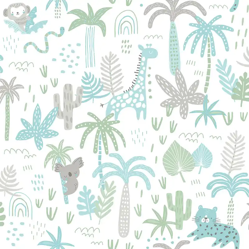 Jetzt Bestellen Papier, Kindertapete mit Tieren, Palmen und Blättern 454-1, Pippo, ICH Wallcoverings